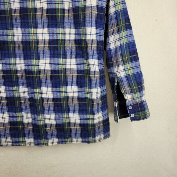 Vintage Wrangler Shacket Mens Medium Green Blue Plaid Flannel Pockets Insulated - Picture 14 of 16